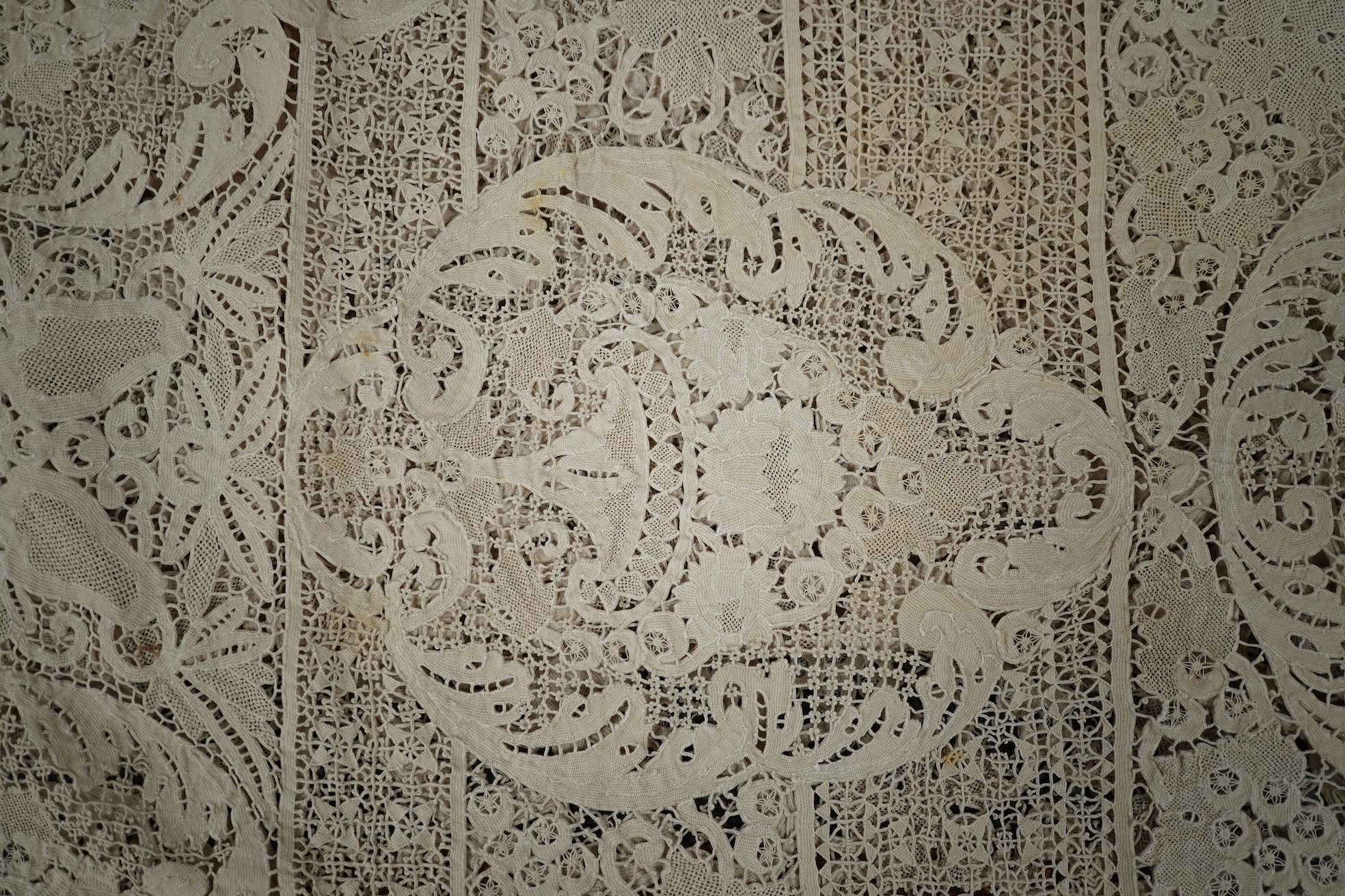 A 20th century lace bedcover, in Burano style lace. 276cm x 172cm